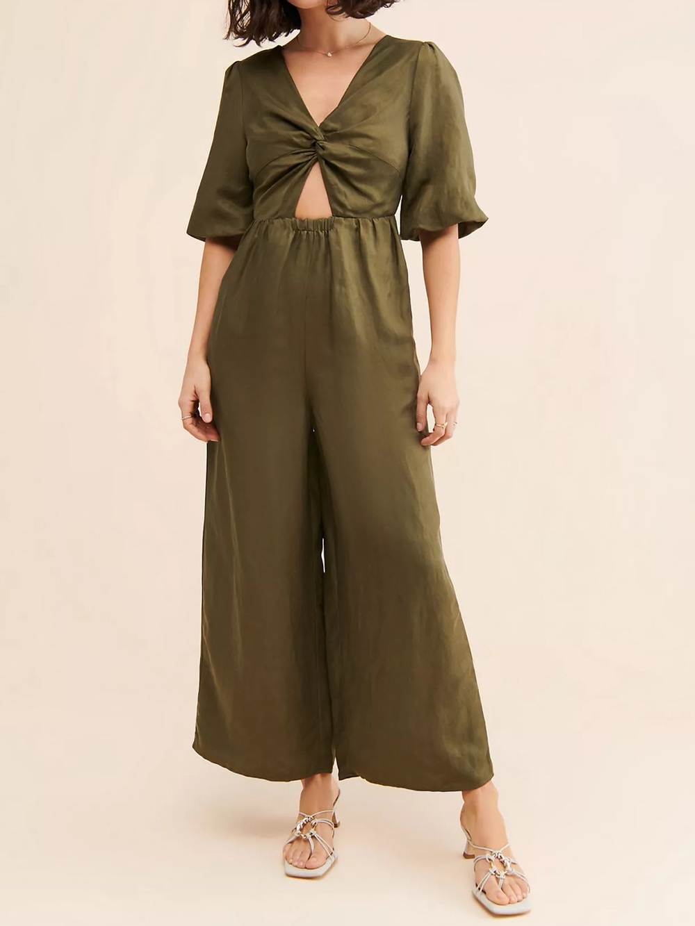 Anthropologie Sancia The Aida Olive Green Linen Blend Jumpsuit XS